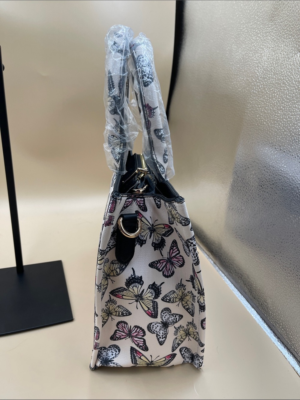 The Tote Bag Butterfly Print Women’s Tote - White with Pink & Yellow Accents - Picture 3 of 9